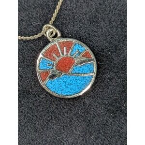 Vintage Silver tone Sunrise Pendant Chain Inlaid Blue and Red Stones Ocean Sun
